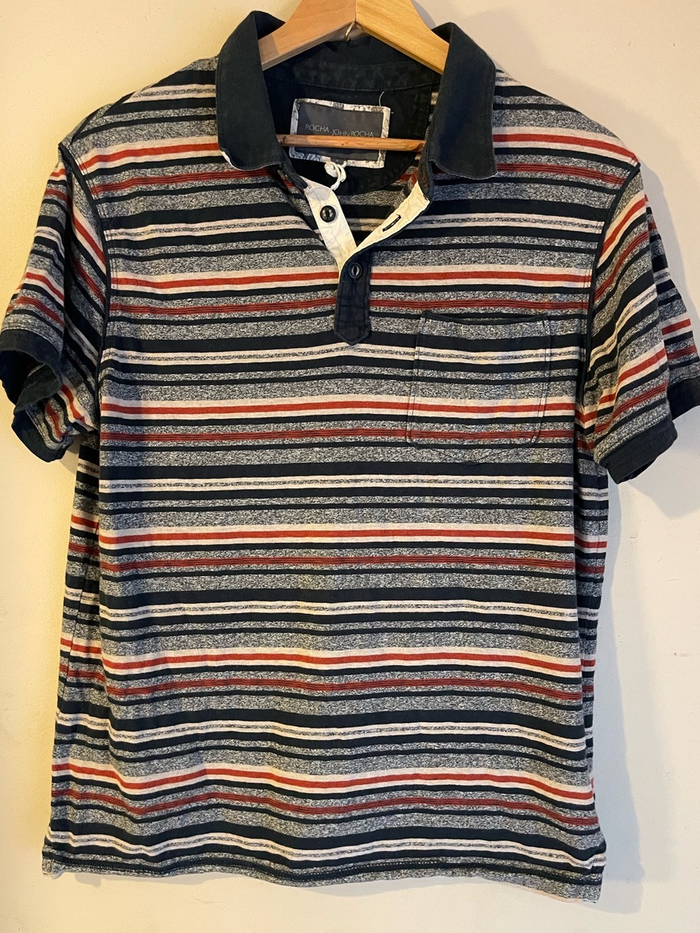 Rocha John Rocha Mens Navy Striped Short Sleeve Polo Shirt Chest Pocket S